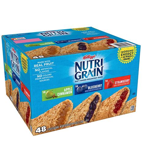 Nutri-grain bars. Nutri-Grain® Kellogg's® Nutri-Grain® Soft Baked Breakfast Bars Strawberry. 1.3 oz. 00038000359217. Nutrition . Ingredients . Allergens . ... Calories. 0.5 g. Sat Fat. 135 mg. Sodium. 12 g. Sugar. Nutrition Facts. Servings Per Container 1. Serving Size 1 Bar (37 g) Amount Per Serving; Calories 130 : Amount/Serving % Daily Value* Total Fat 3.5 ... 