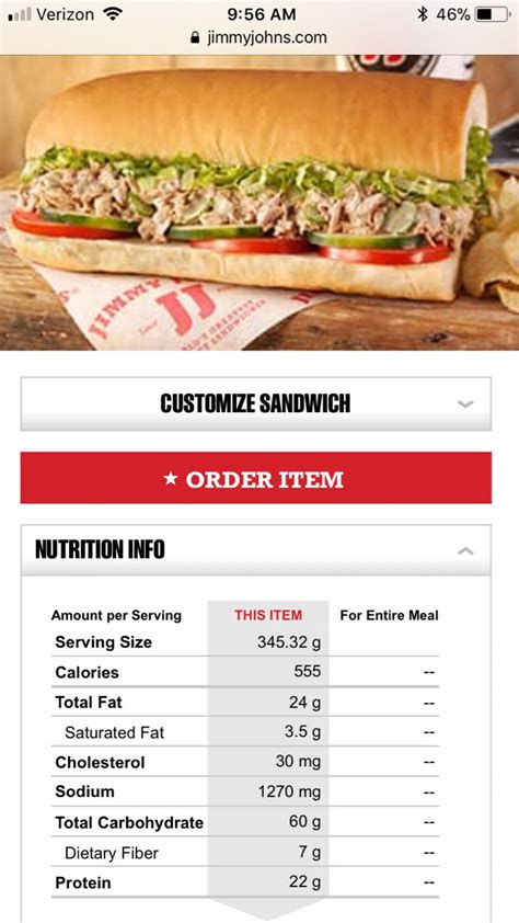 Nutrition facts jimmy john. Calories in Jimmy John's Classic #5 Perfect Italian Giant 16" 9-Grain Wheat Sub Sandwich. Jimmy John's Nutrition Facts and Calories. Nutrition Facts. Amount Per Serving: 1490 Cal %DV* Total Fat: 74 g: 113.8 % Saturated Fat: 20 g: 100 % Trans Fat: 0 g % Cholesterol: 170 mg: 56.7 % Sodium: 3580 g: 149.2 % Total Carbohydrate: 