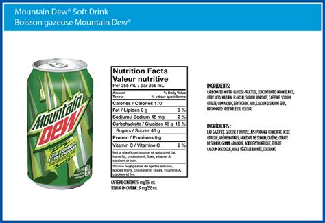 Nutrition facts on mountain dew. Mountain Dew Soda - 24/12 oz. Cans Item Size: 24 PK Item #: 4831. Price per count : $0.583 $13.99 Product Description. Ingredients. Nutrition. Product Description. Per Can: 170 calories; 0 g sat fat (0% DV); 60 mg … 