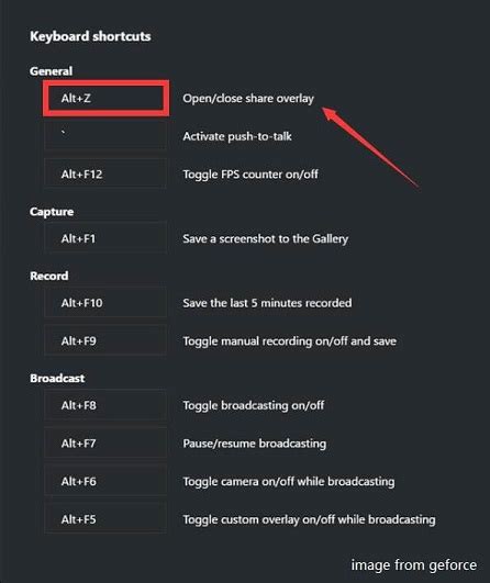 Keyboard shortcuts are all listed on the Preferences tab, your most important shortcut will be Alt+F9 (this can be changed). This is the shortcut to start and stop recording. All videos are saved by default in ... NVIDIA Experience - Shadowplay (BETA) Recording In-game resolution, 60 FPS, 50 Mbps, using H.264 toggles Alt* Flo Alt+F12 FPS Mode @ minutE …. 
