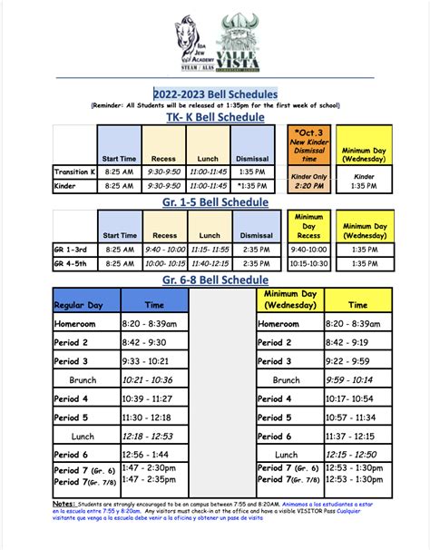 Nvla bell schedule. School Site Council (SSC) Info, Agenda, and Minutes; Student and Parent Handbook ; Parent Advisory Committee (PAC) Power School for Parents; 2023 - 2024 Academic Calendar and Bell Schedule 