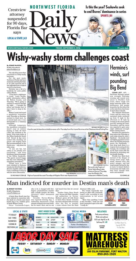 Nw florida daily news. Northwest Florida Daily News. 0:04. 1:01. FORT WALTON BEACH — On Tuesday, officials representing several tourism agencies in Northwest Florida celebrated the successful deployment of the 239 ... 