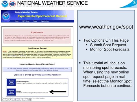 Nws spot forecast. NWS Spot centers around a daily spot forecast "monitor" page that shows all the spot forecast requests for a particular office on a particular day. Links are provided on this page to (1) request a spot forecast, (2) view detailed information about each spot forecast, and (3) view information for other days. 