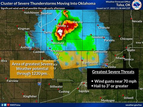 Jun 16, 2023 · “[06/15/23 9:05 PM]Strong to severe thunderstorms are moving through Central Oklahoma this evening. This activity is expected to move into portions of E OK in the next hour or so. Wind gusts upwards of 75 mph and 2 inch hail will be possible with the severe storms. #okwx” .