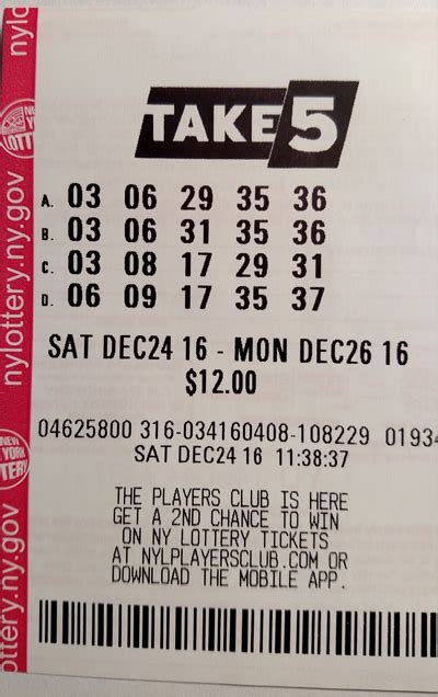 NY Lottery Take 5 . Take 5 is a 5-digit numbers game drawn every day 10:30 pm ET. The balls are drawn through a Mechanical Lottery Ball Machine. Balls are marked 1 to 39. To win the Take 5 Jackpot, match the five numbers on your ticket to the winning five-number combination drawn. Pick 10 Prizes and Odds Match 3 of 5: $1 / $21.50 | 1 in 102.63. 