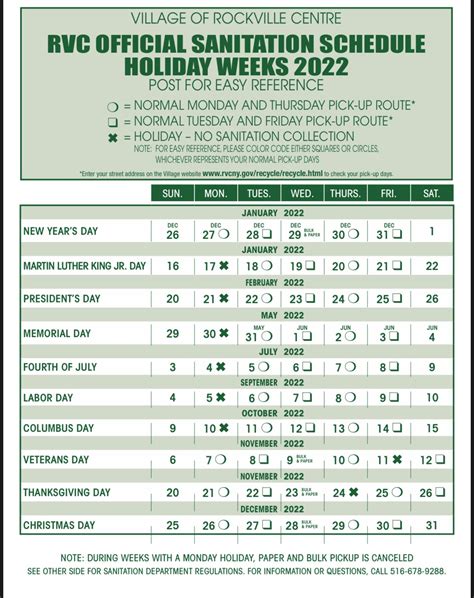 Ny sanitation schedule. homeowner disposal area. The Town of Hempstead Sanitation Department's Homeowner Disposal Area located at 1600 Merrick Road, Merrick is open Monday through Sunday between 8:00 AM and 3:30 PM, except Town of Hempstead observed holidays. All residents will be asked to provide proof of residency, such as a driver's license or a tax bill. 