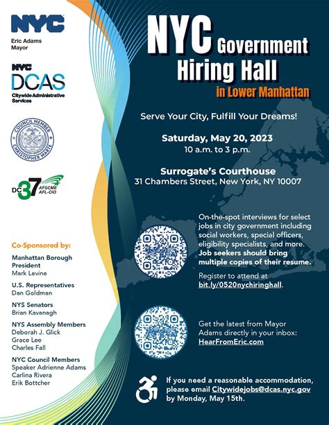 In our endeavor to build a pipeline of diverse and qualified candidates for employment with the City of New York, the Department of Citywide Administrative Services (DCAS) is hosting a Citywide NYC Government Job Fair on Saturday, February 11, 2023 from 10am to 3pm at 420 W 45th Street, NY, NY 10036. There will be over 20 agencies participating .... 