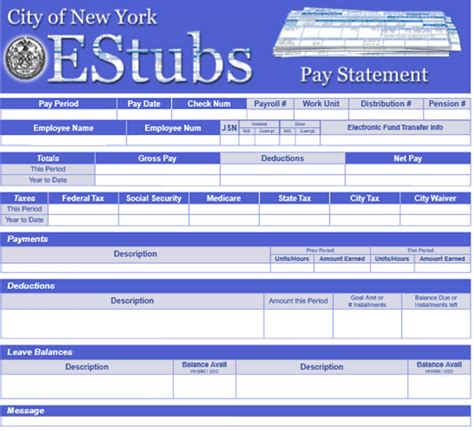 Your electronic pay statement, also called EStub, is available on NYCAPS Employee Self Service (ESS) in the Pay and Tax Information / View My Last Pay Stub section. Access it and click on the Pay Statement Summary to view your EStub. The pay statement provides details about your current and year-to-date earnings, taxes, deductions, and accrued .... 