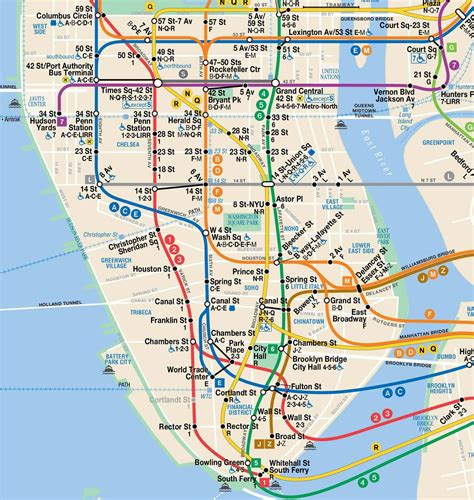Nyc subway map a train. A,B weekdays until 11 p.m., C all times except late nights, D. Subway, local station, ADA accessible. 50 St. W 50 St and Broadway. Two side platforms. No Transfers. Subway, local station. Times Sq-42 St. W 42 St and 7th Ave, W 41 St between 7th Ave and Broadway, W 40 St and 7th Ave. 