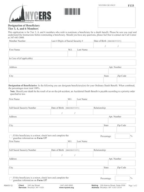 Nycers forms. You may obtain a copy of these forms at www.nycers.org or by visiting NYCERS’ Customer Service Center at 340 Jay Street, Brooklyn, New York, or by contacting NYCERS at 347-643-3000 and requesting them to complete your transaction. 