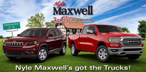 Nyle Maxwell Chrysler Dodge Jeep Ram of Castroville Sales Hours. Mon: 9:00AM - 7:00PM Tue: 9:00AM - 7:00PM Wed: 9:00AM - 7:00PM ... Nyle Maxwell Chrysler Dodge Jeep Ram of Castroville. Whether you need routine vehicle maintenance or a major auto repair, you want service you can trust - with the right tools, parts and expertise. ...
