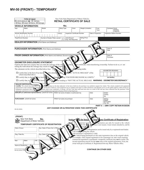 Nys dmv bill of sale form mv-50. It is typically submitted to the New York State DMV and stored there for future reference. Overall, the Form MV-50 is a crucial document for anyone looking to sell or buy a vehicle in New York State. It ensures that the … 