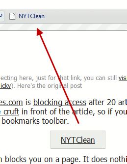 Simple bookmarklet to flush the state of the New York Times metered paywall. Once the 10 articles per month limit is reached and the subscription popup raises, simply click on the bookmarklet. Your metering quota will be reset to 0 and the current page reloaded to show the full article. Check out comments in the code for further details. - bookmarklet.js. 