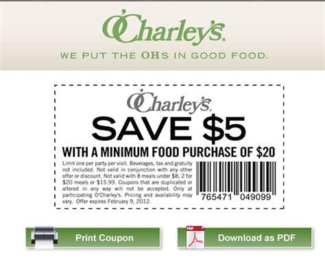 The above O Charley's $5 Off $20 Printable Coupon savings are currently the top on the web. CouponAnnie can help you save big thanks to the 4 active savings regarding O Charley's $5 Off $20 Printable Coupon. There are now 1 promotion code, 3 deal, and 2 free delivery saving. For an average discount of 0% off, customers will receive the …. 