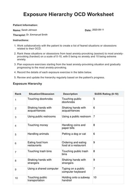 OCD Exposure Hierarchy Worksheet PDF