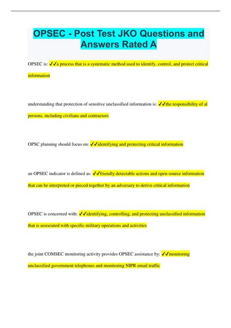 OPSEC Post Test JKO Questions and Answers Rated A in 2023 Exam