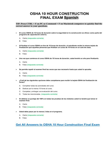 OSHA 10 Construction Final Exam Answer Key