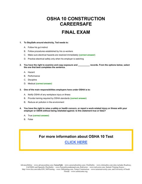 OSHA 10 Hour Construction Final Test Answer Key Care_Sa