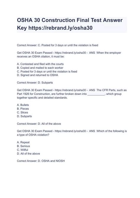 OSHA 30 Construction Final Test Answer Key Online Test