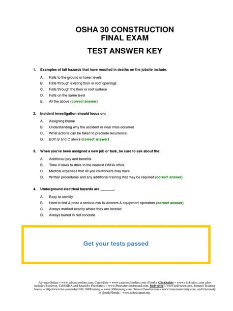 OSHA 30 Construction Final Test Answer Key PDF Occupational Safety
