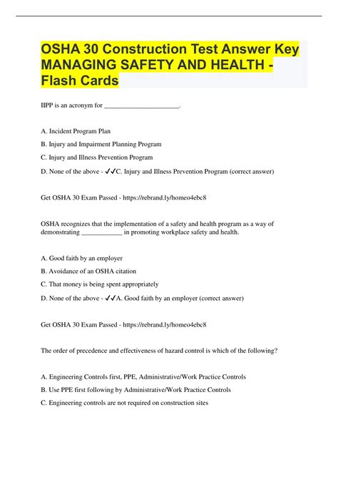 OSHA 30 Construction Test Answer Key MANAGING SAFETY AND HEALTH Flash