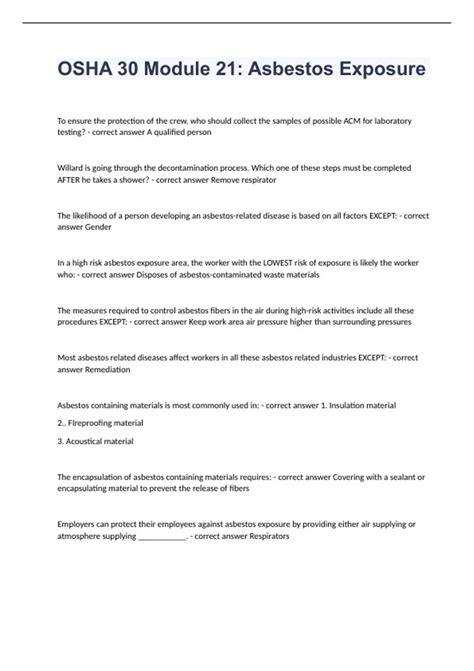 OSHA 30 Module 21 Asbestos Exposure Question and answers 100 correct