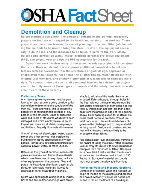 OSHA Fact Sheet Demolition and Cleanup 2005 Fill and Sign Printable