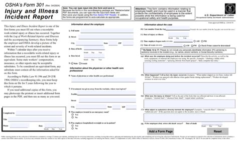 OSHA Form 301 OSHA Recordkeeping Forms