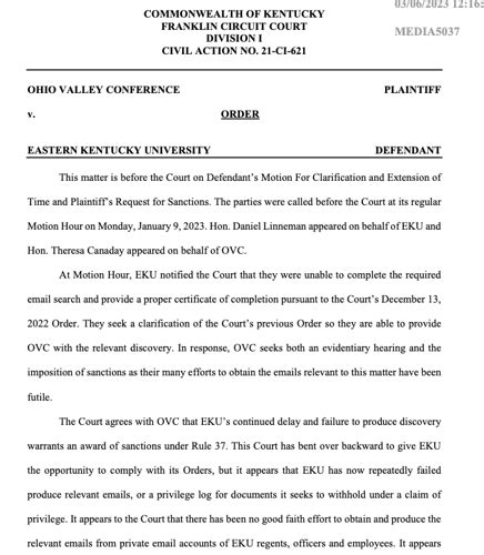 OVC LAWSUIT: Judge sanctions EKU for delay, failure to produce …