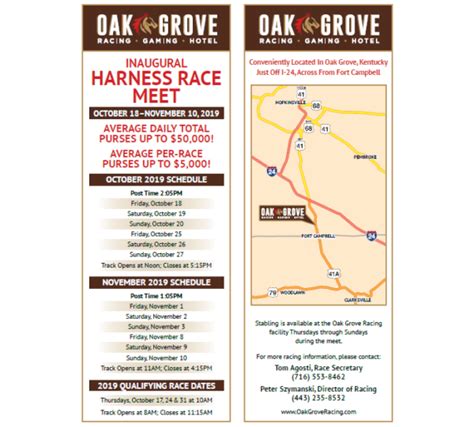 Oak grove harness racing schedule. My Account: Keep track of your 'Work in Progress' at the USTA, view your Online Services purchasing history and view a list of horses you own or lease. Online Entry: With the USTA’s new, online entry program, harness racing becomes the first of the racing breeds in North America to have the capability to enter horses electronically. 