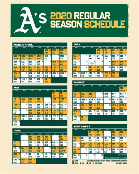 Oakland A S Printable Schedule