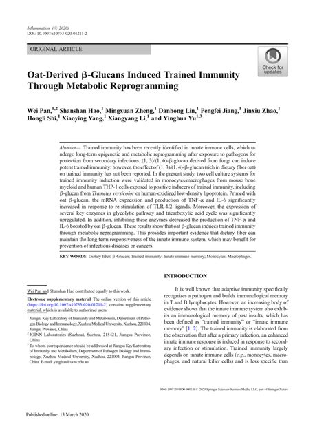 Oat Derived B Glucans Induced Trained Immunity Through Metabolic Reprogramming Springerlink