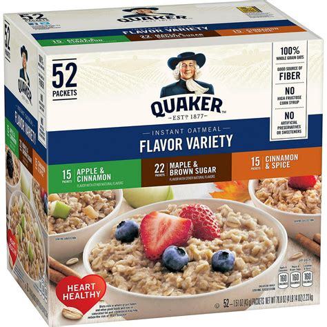  Product Details. Made with Heart Healthy 100% Whole Grain Quaker® Oats*. *Diets rich in whole grain foods and other plant foods and low in saturated fat and cholesterol may help reduce the risk of heart disease. Good Source of Fiber. No Artificial Preservatives. No Added Colors. No Artificial Flavors. Cooks in 1-2 minutes in the microwave. . 