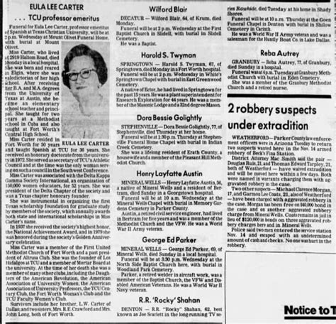 Obituaries fort worth texas star telegram. Search obituaries and memoriams from Star-Telegram on Legacy.com. ... 2024 Fort Worth, Texas - Kenneth Joe New, born on August 24, 1938, in Odessa, Texas, to Cora Fay ... 