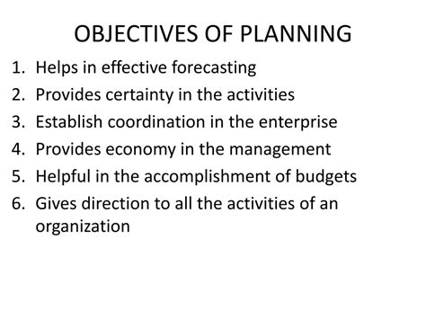 Objectives of planning. Process objectives. These are the objectives that provide the groundwork or implementation necessary to achieve your other objectives. For example, the group might adopt a comprehensive plan for improving neighborhood housing. In this case, adoption of the plan itself is the objective. Behavioral objectives. These objectives look at changing ... 