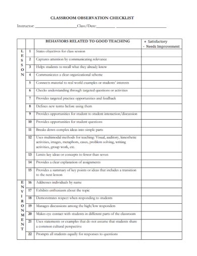 Observation Checklist Observation Classroom observation checklist