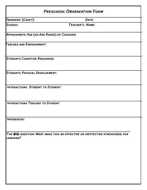 Observation Form for Preschool