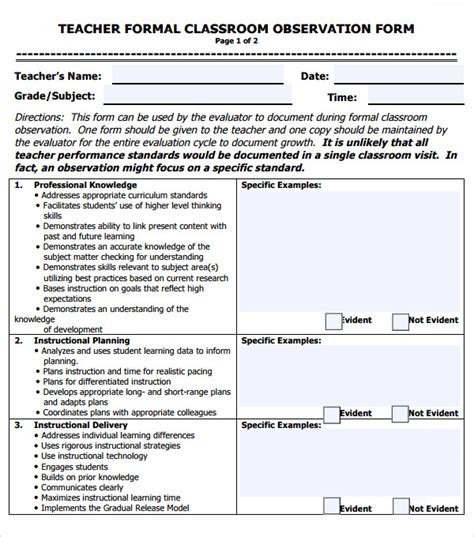 Observation sheet for teaching