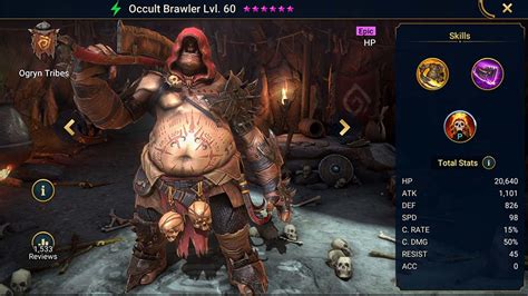 Occult brawler raid. Formula: -0.3. Formula: 6.2*ATK. Formula: 0.3*DEALT_DMG. Attacks 1 enemy. If this Champion is under 1 or more debuffs, this attack will ignore 30% of enemy DEF. If this Champion is under 2 or more debuffs, enemies killed by this Skill cannot be revived. If this Champion is under 3 or more debuffs, this attack is always critical. 