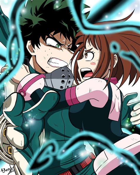 Ochako and deku. Deku and Ochako are just friends with Ochako having a crush on him. There is no guarantee that any characters will even get a romantic ending. It might be hinted e.g Kamijiro but I don't expect actual romantic relationships to happen in this manga. 