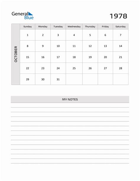 October 1978 Printable Monthly Calendar with Notes