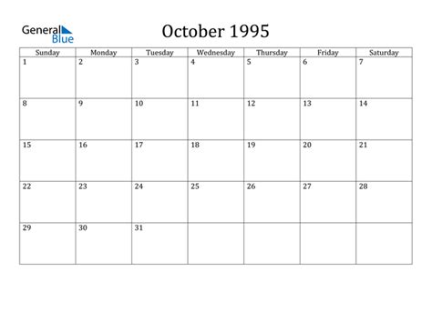 October 1995 Calendar PDF Word Excel