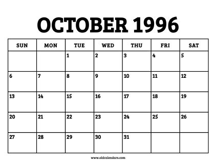 October 1996 Calendar PDF Word Excel