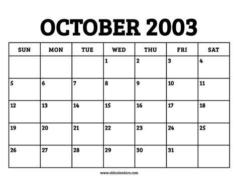 October 2003 Printable Monthly Calendar with Notes
