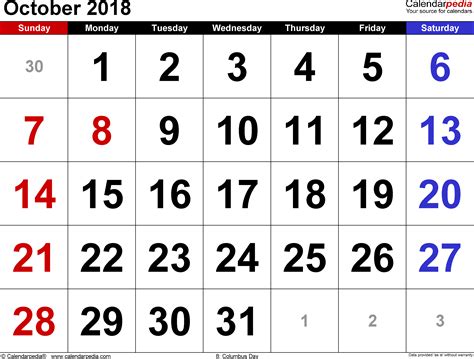 October 2018 Calendars for Word, Excel and PDF