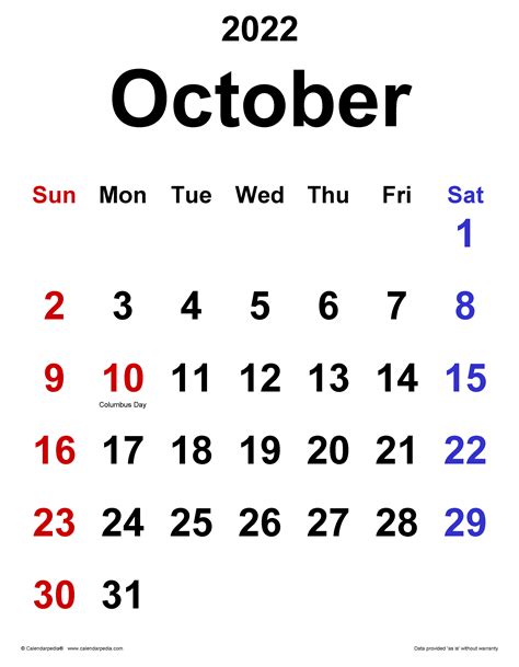 October 2022 Calendar Template Word