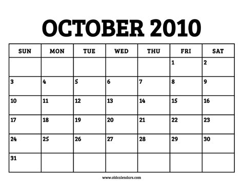 October Calendar For 2010