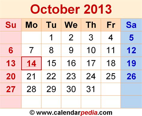 October Month Calendar 2013