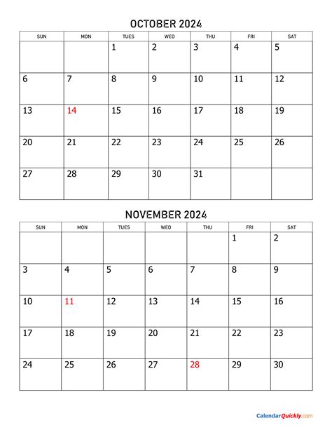 October November Calendar Printable
