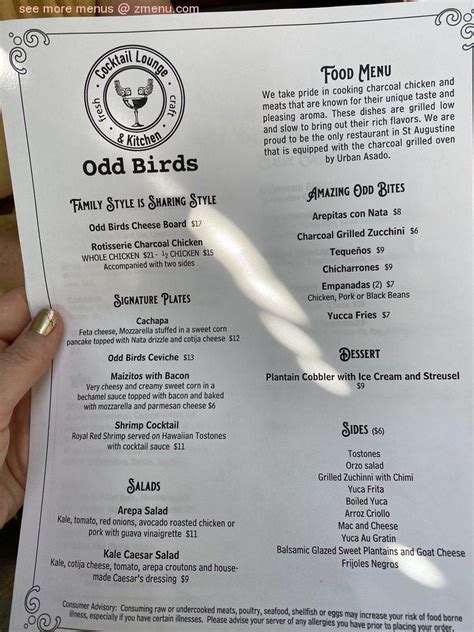 Menu for Odd Birds Kitchen and Cocktail Lounge in St. Augustine, FL | Sirved. 200 Anastasia Blvd, St. Augustine, FL 32080, USA. 4.6. Bookmark. Open: 12:00 PM - 2:00 AM. Contact: (904) 342-8378. Cuisines: American North American. Features: Takeout , Delivery. Known for:. 